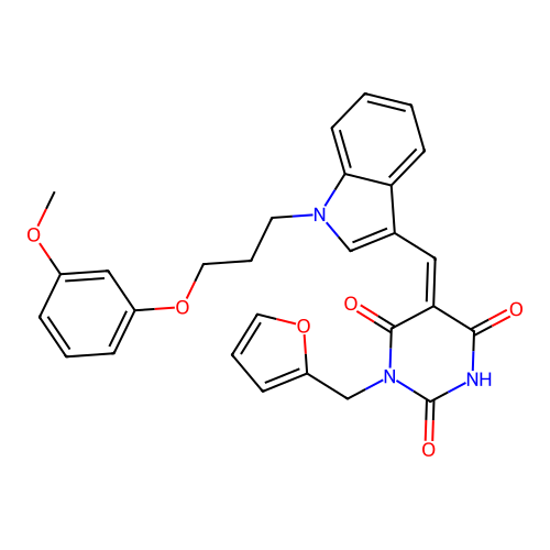 (Z)-1-(furan-2-ylmethyl)-5-((1-(3-(3-methoxyphenoxy)propyl)-1H-indol-3-yl)methylene)pyrimidine-2,4,6(1H,3H,5H)-trione structure