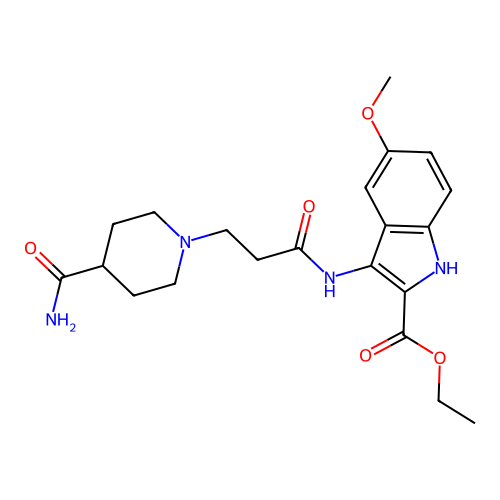 ethyl 3-(3-(4-carbamoylpiperidin-1-yl)propanamido)-5-methoxy-1H-indole-2-carboxylate structure