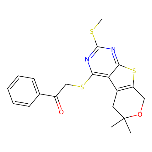 2-((6,6-dimethyl-2-(methylthio)-6,8-dihydro-5H-pyrano[4',3':4,5]thieno[2,3-d]pyrimidin-4-yl)thio)-1-phenylethanone structure