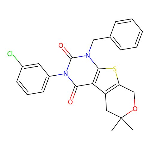 1-benzyl-3-(3-chlorophenyl)-6,6-dimethyl-1,5,6,8-tetrahydro-2H-pyrano[4',3':4,5]thieno[2,3-d]pyrimidine-2,4(3H)-dione structure