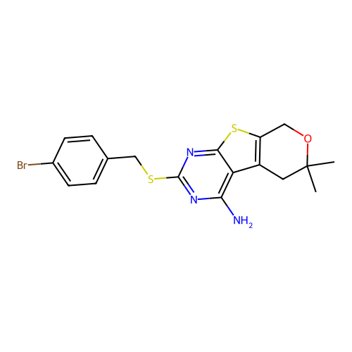 2-[(4-bromobenzyl)sulfanyl]-6,6-dimethyl-5,8-dihydro-6H-pyrano[4',3':4,5]thieno[2,3-d]pyrimidin-4-amine structure