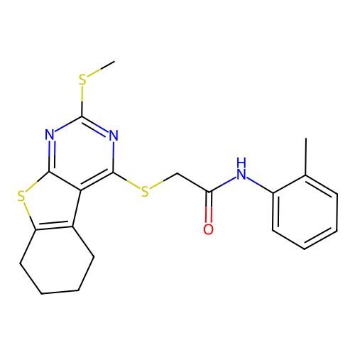 2-((2-(methylthio)-5,6,7,8-tetrahydrobenzo[4,5]thieno[2,3-d]pyrimidin-4-yl)thio)-N-(o-tolyl)acetamide structure