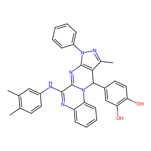 4-(6-((3,4-dimethylphenyl)amino)-10-methyl-8-phenyl-8,11-dihydropyrazolo[3',4':4,5]pyrimido[1,2-a]quinoxalin-11-yl)benzene-1,2-diol structure