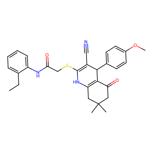 2-((3-cyano-4-(4-methoxyphenyl)-7,7-dimethyl-5-oxo-1,4,5,6,7,8-hexahydroquinolin-2-yl)thio)-N-(2-ethylphenyl)acetamide structure