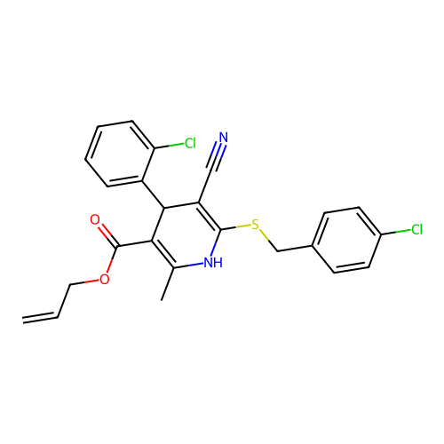 allyl 6-((4-chlorobenzyl)thio)-4-(2-chlorophenyl)-5-cyano-2-methyl-1,4-dihydropyridine-3-carboxylate structure