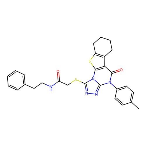2-((5-oxo-4-(p-tolyl)-4,5,6,7,8,9-hexahydrobenzo[4,5]thieno[3,2-e][1,2,4]triazolo[4,3-a]pyrimidin-1-yl)thio)-N-phenethylacetamide structure
