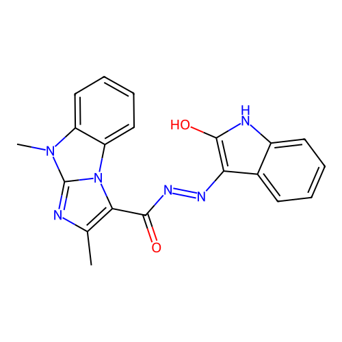 (E)-2,9-dimethyl-N'-(2-oxoindolin-3-ylidene)-9H-benzo[d]imidazo[1,2-a]imidazole-3-carbohydrazide structure