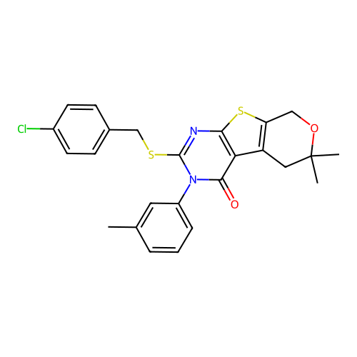 2-((4-chlorobenzyl)thio)-6,6-dimethyl-3-(m-tolyl)-5,6-dihydro-3H-pyrano[4',3':4,5]thieno[2,3-d]pyrimidin-4(8H)-one structure