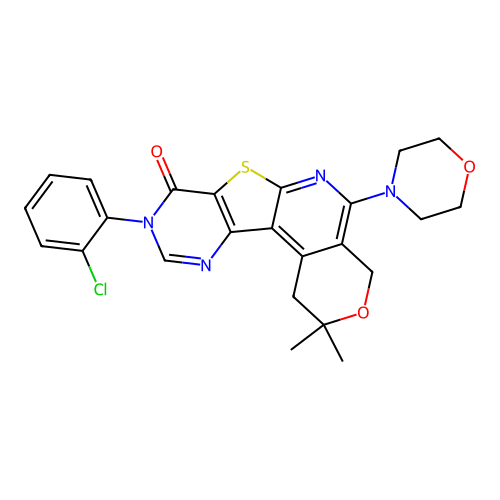 9-(2-chlorophenyl)-2,2-dimethyl-5-morpholino-4,9-dihydro-1H-pyrano[4'',3'':4',5']pyrido[3',2':4,5]thieno[3,2-d]pyrimidin-8(2H)-one structure