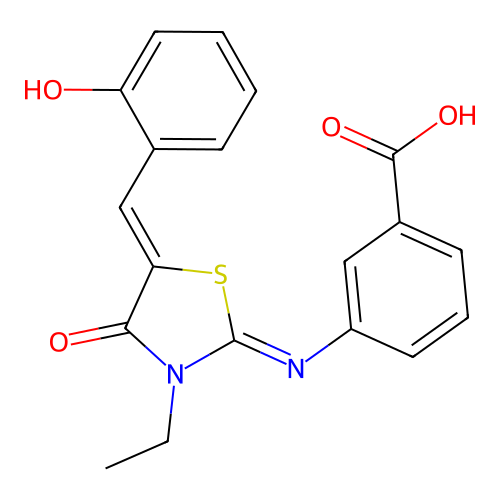 3-((E)-((Z)-3-ethyl-5-(2-hydroxybenzylidene)-4-oxothiazolidin-2-ylidene)amino)benzoic acid structure