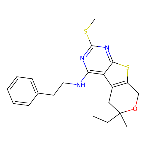 6-ethyl-6-methyl-2-(methylsulfanyl)-N-(2-phenylethyl)-5,8-dihydro-6H-pyrano[4',3':4,5]thieno[2,3-d]pyrimidin-4-amine structure