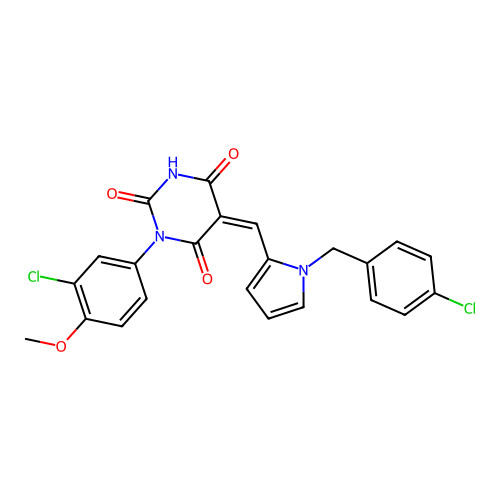 (5Z)-1-(3-chloro-4-methoxyphenyl)-5-[[1-[(4-chlorophenyl)methyl]pyrrol-2-yl]methylidene]-1,3-diazinane-2,4,6-trione structure