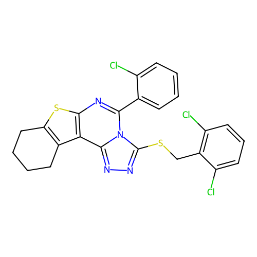 5-(2-chlorophenyl)-3-((2,6-dichlorobenzyl)thio)-8,9,10,11-tetrahydrobenzo[4,5]thieno[3,2-e][1,2,4]triazolo[4,3-c]pyrimidine structure