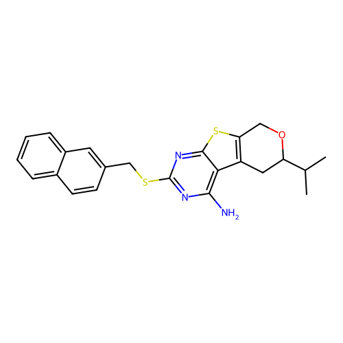 2-[(naphthalen-2-ylmethyl)sulfanyl]-6-(propan-2-yl)-5,8-dihydro-6H-pyrano[4',3':4,5]thieno[2,3-d]pyrimidin-4-amine structure