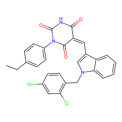 (5Z)-5-[[1-[(2,4-dichlorophenyl)methyl]indol-3-yl]methylidene]-1-(4-ethylphenyl)-1,3-diazinane-2,4,6-trione structure