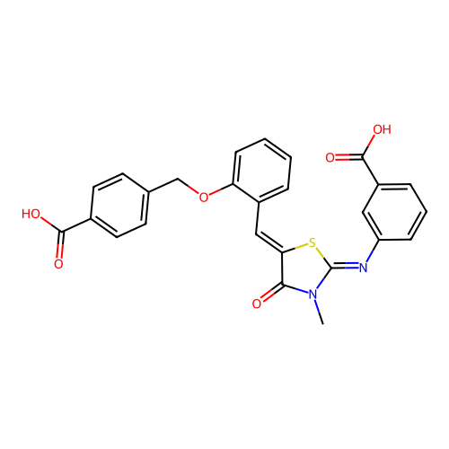 3-{[(2E,5Z)-5-{2-[(4-carboxybenzyl)oxy]benzylidene}-3-methyl-4-oxo-1,3-thiazolidin-2-ylidene]amino}benzoic acid structure