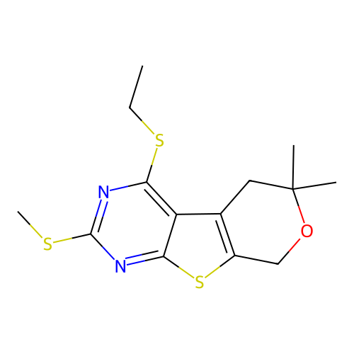 4-(ethylsulfanyl)-6,6-dimethyl-2-(methylsulfanyl)-5,8-dihydro-6H-pyrano[4',3':4,5]thieno[2,3-d]pyrimidine structure
