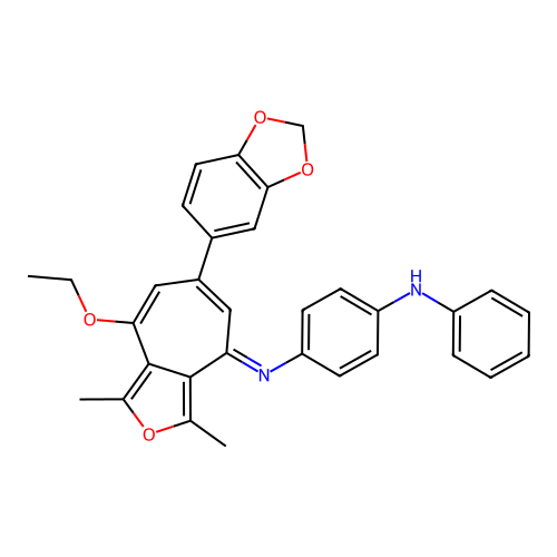 (E)-N1-(6-(benzo[d][1,3]dioxol-5-yl)-8-ethoxy-1,3-dimethyl-4H-cyclohepta[c]furan-4-ylidene)-N4-phenylbenzene-1,4-diamine structure