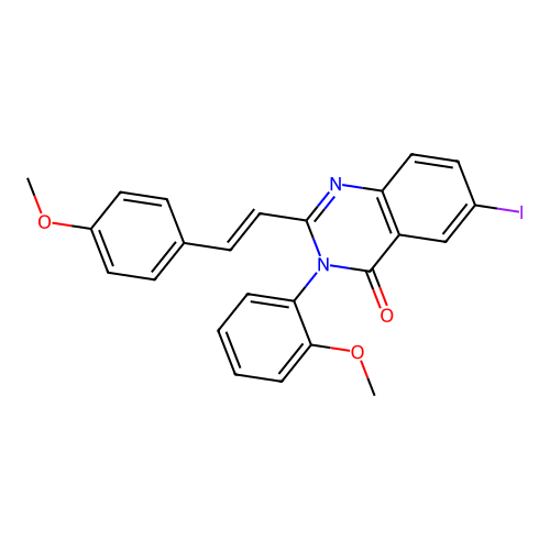 (E)-6-iodo-3-(2-methoxyphenyl)-2-(4-methoxystyryl)quinazolin-4(3H)-one structure
