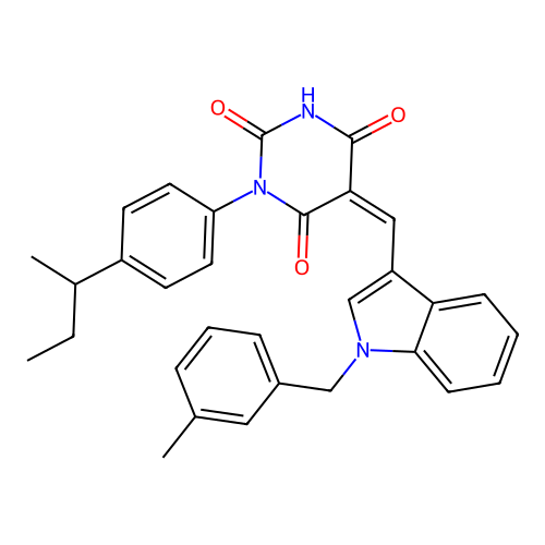(Z)-1-(4-(sec-butyl)phenyl)-5-((1-(3-methylbenzyl)-1H-indol-3-yl)methylene)pyrimidine-2,4,6(1H,3H,5H)-trione structure