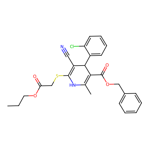 benzyl 4-(2-chlorophenyl)-5-cyano-2-methyl-6-((2-oxo-2-propoxyethyl)thio)-1,4-dihydropyridine-3-carboxylate structure