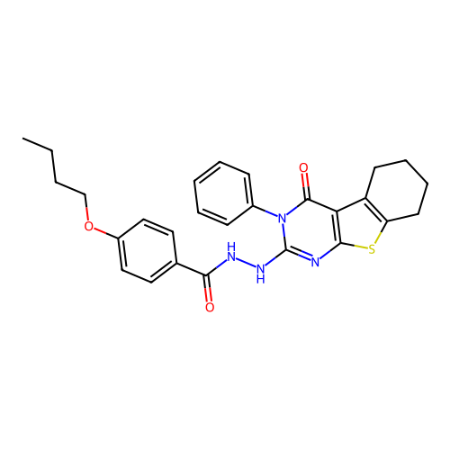 4-butoxy-N'-(4-oxo-3-phenyl-3,4,5,6,7,8-hexahydro[1]benzothieno[2,3-d]pyrimidin-2-yl)benzohydrazide structure