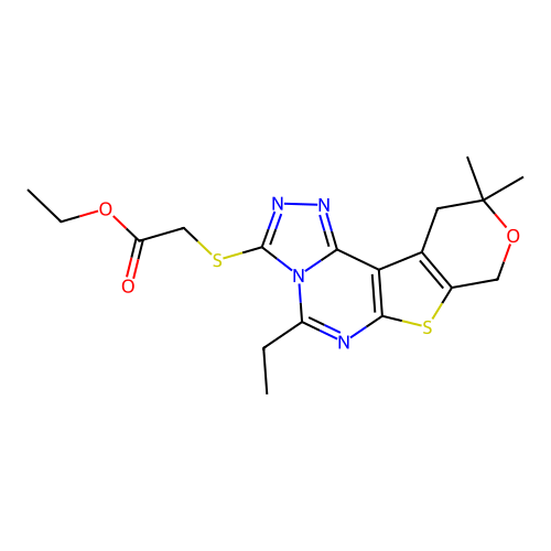 ethyl [(5-ethyl-10,10-dimethyl-10,11-dihydro-8H-pyrano[4',3':4,5]thieno[3,2-e][1,2,4]triazolo[4,3-c]pyrimidin-3-yl)sulfanyl]acetate structure
