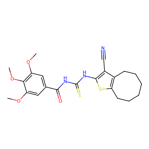 N-[(3-cyano-4,5,6,7,8,9-hexahydrocycloocta[b]thiophen-2-yl)carbamothioyl]-3,4,5-trimethoxybenzamide structure