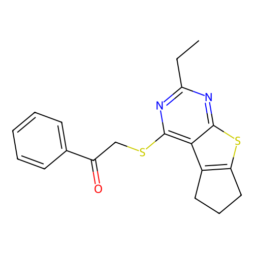 2-((2-ethyl-6,7-dihydro-5H-cyclopenta[4,5]thieno[2,3-d]pyrimidin-4-yl)thio)-1-phenylethanone structure