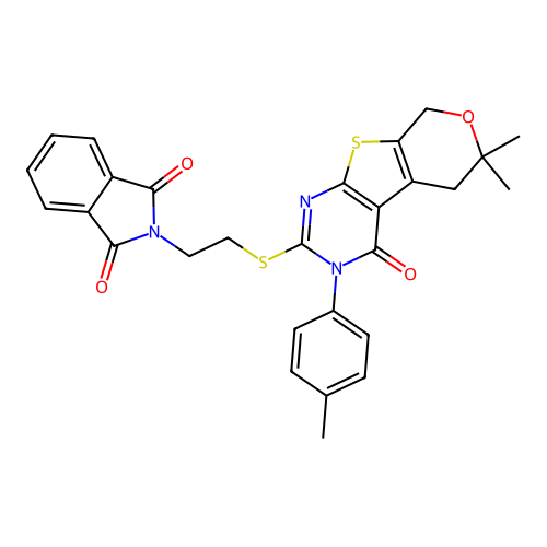 2-(2-((6,6-dimethyl-4-oxo-3-(p-tolyl)-4,5,6,8-tetrahydro-3H-pyrano[4',3':4,5]thieno[2,3-d]pyrimidin-2-yl)thio)ethyl)isoindoline-1,3-dione structure
