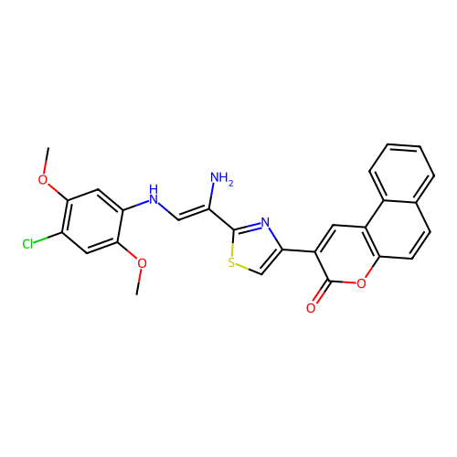 (Z)-2-(2-(1-amino-2-((4-chloro-2,5-dimethoxyphenyl)amino)vinyl)thiazol-4-yl)-3H-benzo[f]chromen-3-one structure