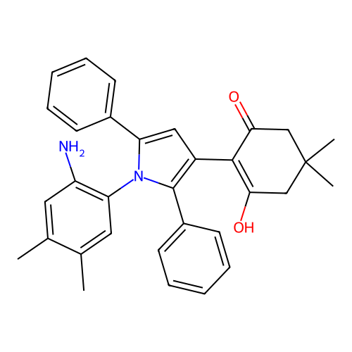 2-[1-(2-amino-4,5-dimethylphenyl)-2,5-diphenyl-1H-pyrrol-3-yl]-3-hydroxy-5,5-dimethylcyclohex-2-en-1-one structure