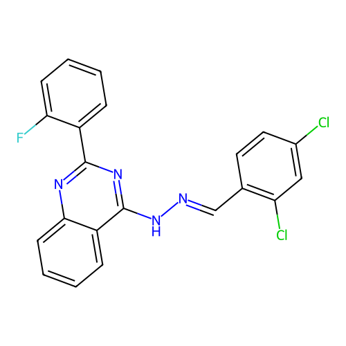 4-[(2E)-2-(2,4-dichlorobenzylidene)hydrazinyl]-2-(2-fluorophenyl)quinazoline structure