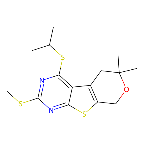 4-(isopropylthio)-6,6-dimethyl-2-(methylthio)-6,8-dihydro-5H-pyrano[4',3':4,5]thieno[2,3-d]pyrimidine structure