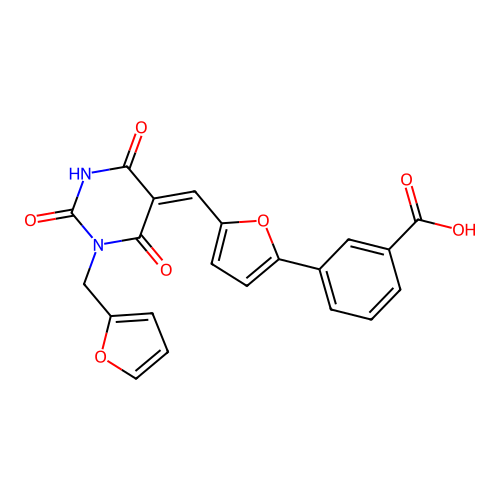 (Z)-3-(5-((1-(furan-2-ylmethyl)-2,4,6-trioxotetrahydropyrimidin-5(2H)-ylidene)methyl)furan-2-yl)benzoic acid structure