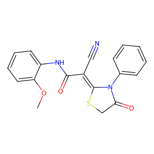 (2Z)-2-cyano-N-(2-methoxyphenyl)-2-(4-oxo-3-phenyl-1,3-thiazolidin-2-ylidene)acetamide structure