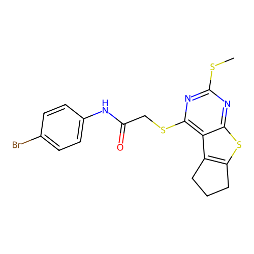 N-(4-bromophenyl)-2-((2-(methylthio)-6,7-dihydro-5H-cyclopenta[4,5]thieno[2,3-d]pyrimidin-4-yl)thio)acetamide structure