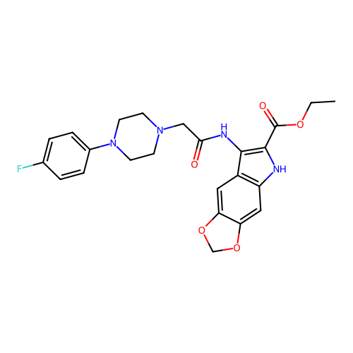 ethyl 7-({[4-(4-fluorophenyl)piperazin-1-yl]acetyl}amino)-5H-[1,3]dioxolo[4,5-f]indole-6-carboxylate structure