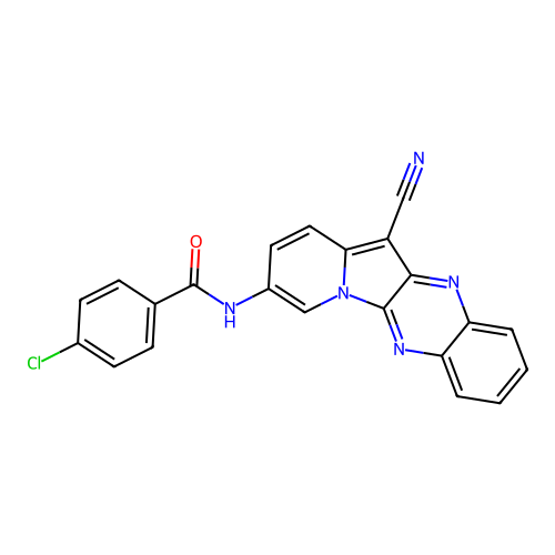 4-chloro-N-(12-cyanoindolizino[2,3-b]quinoxalin-3-yl)benzamide structure