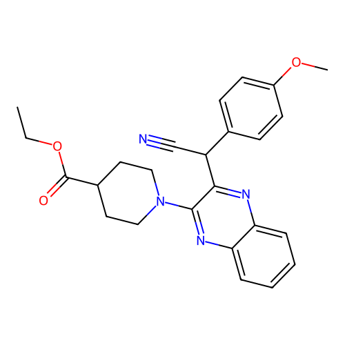 Ethyl 1-[3-[cyano-(4-methoxyphenyl)methyl]quinoxalin-2-yl]piperidine-4-carboxylate structure