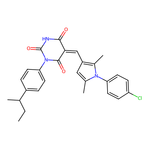 (5Z)-1-(4-butan-2-ylphenyl)-5-[[1-(4-chlorophenyl)-2,5-dimethylpyrrol-3-yl]methylidene]-1,3-diazinane-2,4,6-trione structure