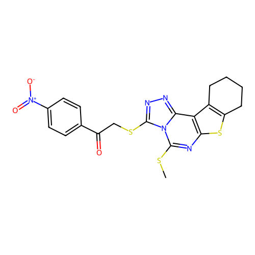 2-((5-(methylthio)-8,9,10,11-tetrahydrobenzo[4,5]thieno[3,2-e][1,2,4]triazolo[4,3-c]pyrimidin-3-yl)thio)-1-(4-nitrophenyl)ethanone structure