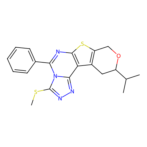 10-isopropyl-3-(methylthio)-5-phenyl-10,11-dihydro-8H-pyrano[4',3':4,5]thieno[3,2-e][1,2,4]triazolo[4,3-c]pyrimidine structure