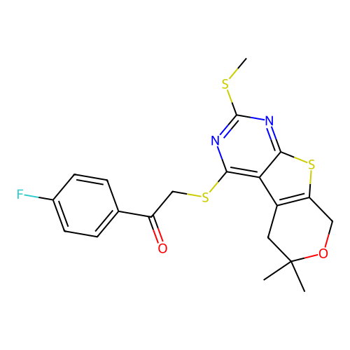 2-((6,6-dimethyl-2-(methylthio)-6,8-dihydro-5H-pyrano[4',3':4,5]thieno[2,3-d]pyrimidin-4-yl)thio)-1-(4-fluorophenyl)ethanone structure