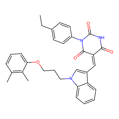 (5Z)-5-({1-[3-(2,3-dimethylphenoxy)propyl]-1H-indol-3-yl}methylidene)-1-(4-ethylphenyl)pyrimidine-2,4,6(1H,3H,5H)-trione structure