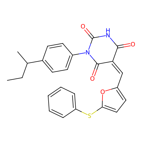 (5Z)-1-(4-butan-2-ylphenyl)-5-[(5-phenylsulfanylfuran-2-yl)methylidene]-1,3-diazinane-2,4,6-trione structure
