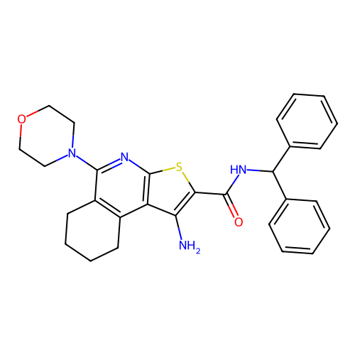 1-amino-N-(diphenylmethyl)-5-(morpholin-4-yl)-6,7,8,9-tetrahydrothieno[2,3-c]isoquinoline-2-carboxamide structure