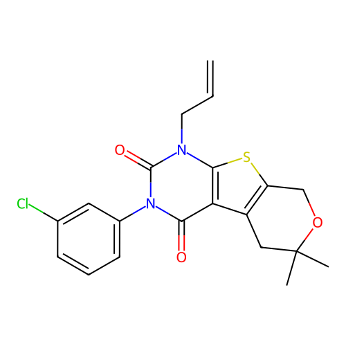 1-allyl-3-(3-chlorophenyl)-6,6-dimethyl-1,5,6,8-tetrahydro-2H-pyrano[4',3':4,5]thieno[2,3-d]pyrimidine-2,4(3H)-dione structure