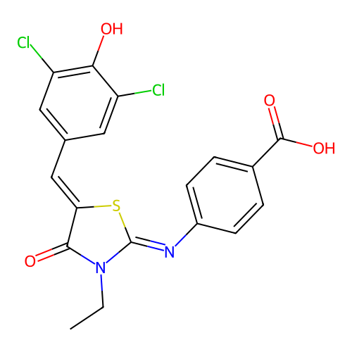 4-((E)-((Z)-5-(3,5-dichloro-4-hydroxybenzylidene)-3-ethyl-4-oxothiazolidin-2-ylidene)amino)benzoic acid structure