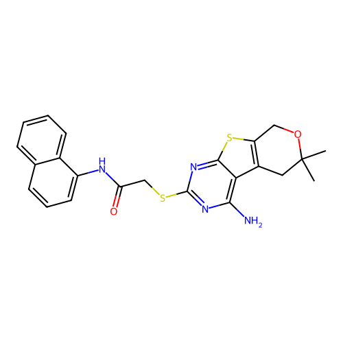 2-((4-amino-6,6-dimethyl-6,8-dihydro-5H-pyrano[4',3':4,5]thieno[2,3-d]pyrimidin-2-yl)thio)-N-(naphthalen-1-yl)acetamide structure